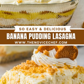 An image of banana pudding lasagna in a casserole dish and a slice of banana pudding lasagna on a white plate.