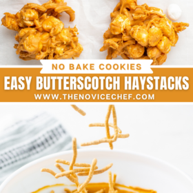 Butterscotch haystacks on parchment paper and a bowl of butterscotch and peanut butter with chow mien noodles being added to it.