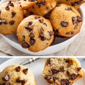 Mini chocolate chip muffins stacked on top of each other in a white bowl and three chocolate chip muffins on a white plate with one sliced in half.