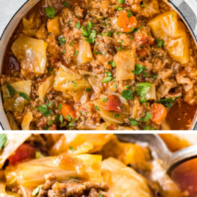 Cabbage roll soup in a large pot and an up close image of ground beef and cabbage in broth.
