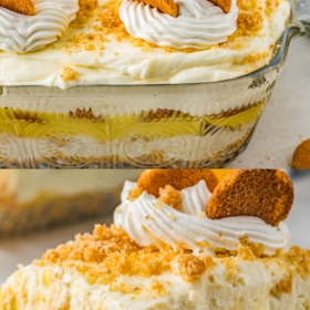 An image of banana pudding in a casserole dish and a slice of banana pudding lasagna on a white plate.