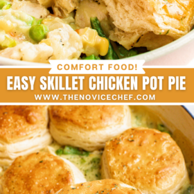 Chicken pot pie in a bowl with a biscuit on top and skillet chicken pot pie with biscuits on top in a white pan.