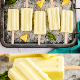 Images of pineapple popsicles on a bed of ice.