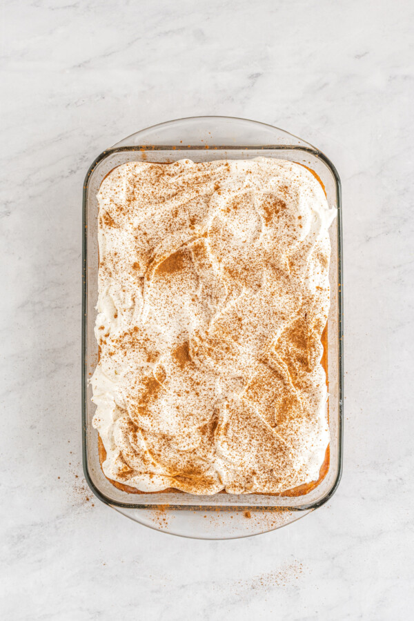 Cake topped with whipped cream and cinnamon.