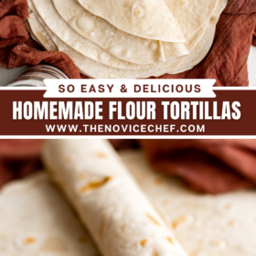 Flour tortillas wrapped in a tea towel and a tortilla rolled up.