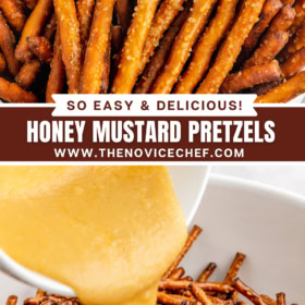 Pretzels in a bowl and honey mustard being poured into a bowl filled with pretzels.