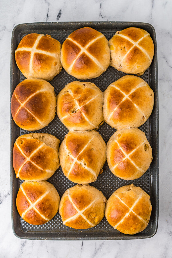 Baked hot cross buns.