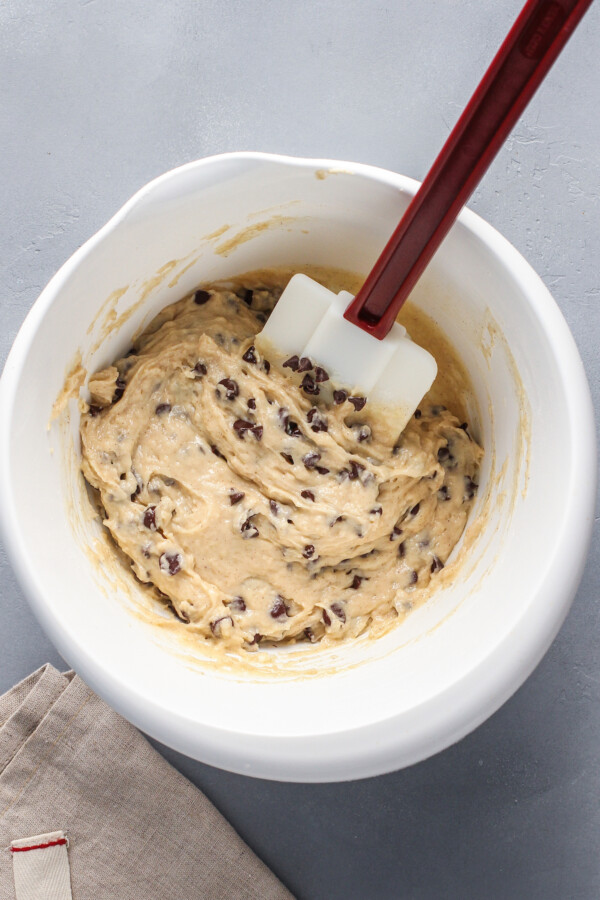 Muffin batter with chocolate chips in a mixing bowl