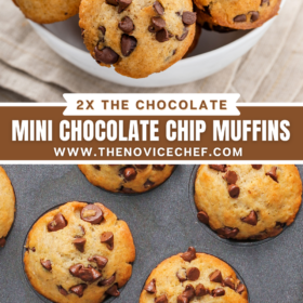 Mini chocolate chip muffins stacked on top of each other in a white bowl and mini muffins in a mini muffin tin after baking.