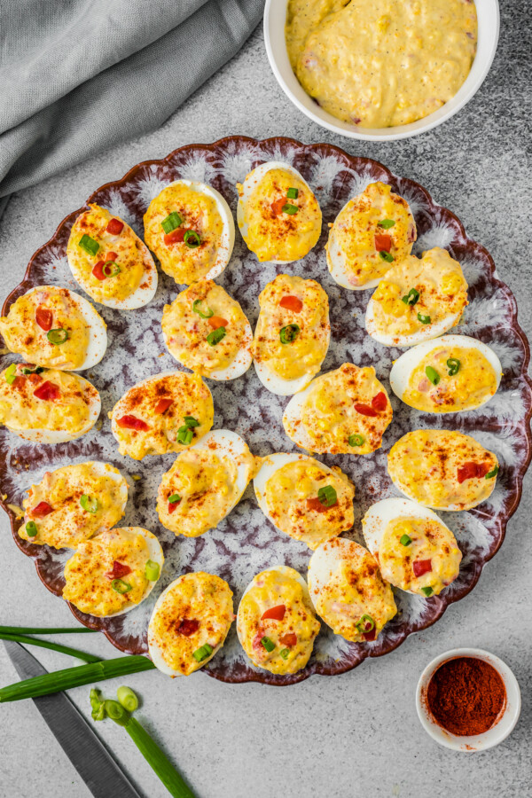 A serving tray with deviled eggs