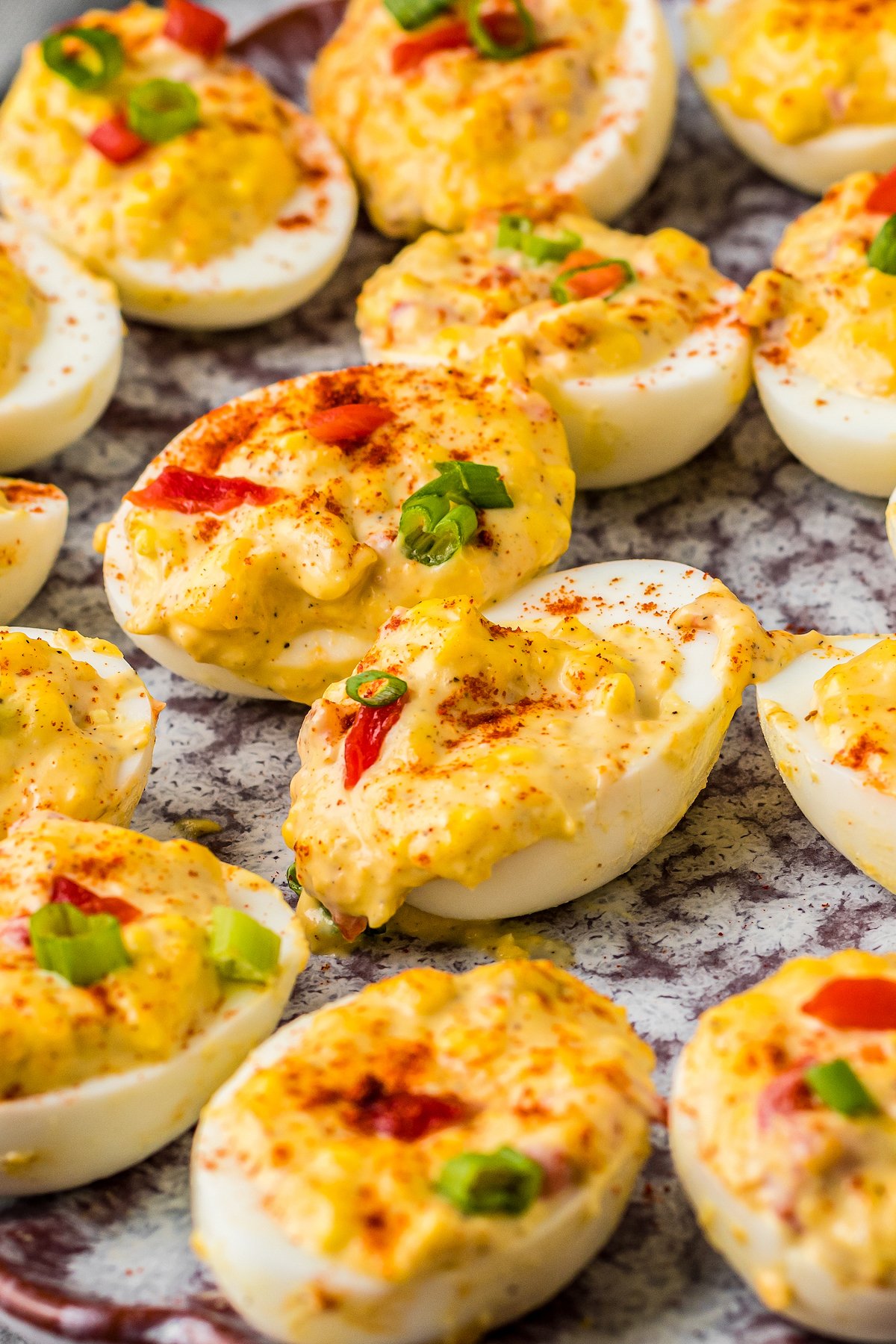 Deviled eggs on a countertop