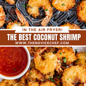 Coconut shrimp in an air fryer basket and coconut shrimp pan a white plate with parsley on top.