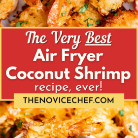 Coconut shrimp with parsley on top and coconut shrimp being dunked into marinara.