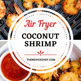 Coconut Shrimp in an air fryer basket and on a white plate with a bowl of marinara.