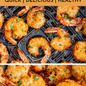 Coconut shrimp in an air fryer basket and coconut shrimp with parsley on top.