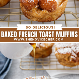 Muffins on a cooling rack with powdered sugar and a muffin on a white plate with syrup being poured on top.