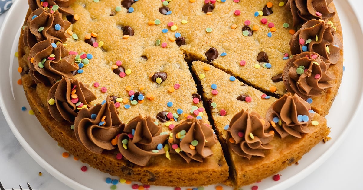 The Best Vegan Chocolate Chip Cookie Cake (Gluten-Free) - Eating by Elaine