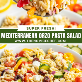 A spoonful of orzo pasta salad and a bowl filled with pasta salad with feta, tomatoes, cucumbers and more.