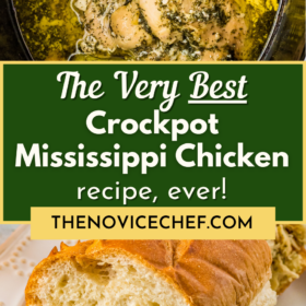 Mississippi Chicken cooked in a crockpot and stuffed in a sandwich roll on a white plate.