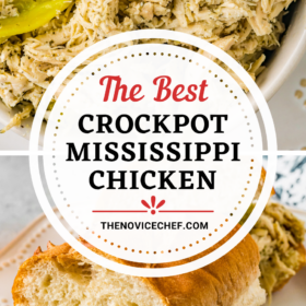 Mississippi Chicken shredded in a bowl and stuffed in a sandwich roll on a white plate.