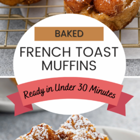 French toast muffins on a cooling rack. sprinkled with powdered sugar on a cooling rack and an image of a muffin with a fork taking a bite out of it.