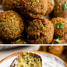 Falafel being dunked in tzatziki and a bite taken out of a falafel.