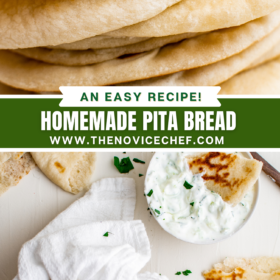Pita bread stacked on top of each other and pita bread in a basket and being dunked in tzatziki.