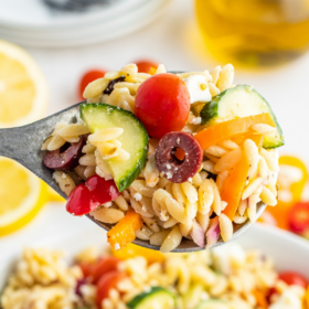 A spoonful of orzo pasta salad.