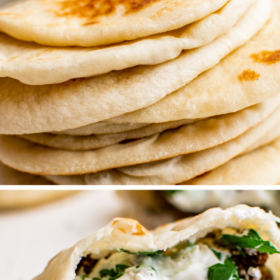 Pita bread stacked on top of each other and pita bread stuffed with falafel and tzatiki.