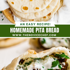 Pita bread stacked on top of each other and pita bread stuffed with falafel and tzatziki.
