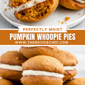 Whoopie pie with a bite taken out of it and orange whoopie pies stacked on top of each other.