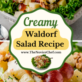 Waldorf salad in a white bowl and an up close image of Waldorf salad.