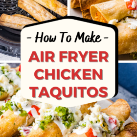 Taquitos in an air fryer basket, on a plate and on a plate with all the toppings on top.