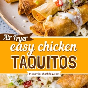 Chicken taquitos with all the toppings on a plate.