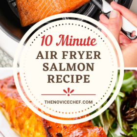 Salmon filets in an air fryer basket being brushed with sauce and a cooked filet of salmon on a white plate with a fork cutting a bite.