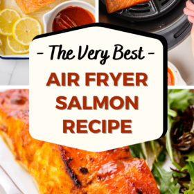 Collage image of salmon filets with lemon wedges, salmon filets in an air fryer basket and a cooked salmon filet on a white plate with a fork cutting a bite.