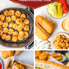 Collage image pin of all the steps to make a shrimp po boy.