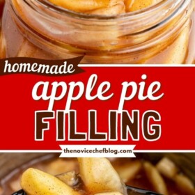 Apple pie filling in a mason jar and on a spoon.