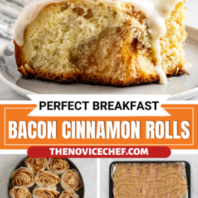 Bacon cinnamon roll on a plate and then cinnamon rolls unbaked in a pan, bacon with brown sugar on top before baking, frosted cinnamon rolls and then bacon on top of cinnamon rolls.