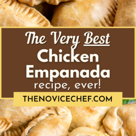 Chicken Emapandas arranged on top of each other and an empanada cut in half to see the inside.