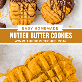 Nutter butter cookies dipped in chocolate and a. nutter butter cookie on parchment paper.