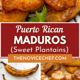 Maduros after cooking, plantains on a marble background and plantains in a frying pan.