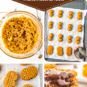 Collage pin image of peanut butter cookies being made, dipped in chocolate and topped with sea salt.