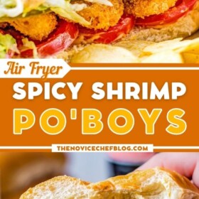 UP close image of shrimp po boy and another image of sandwich with bite taken out of it.