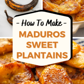 Plantains on marble, plantains in a skillet, and cooked maduros in a bowl.