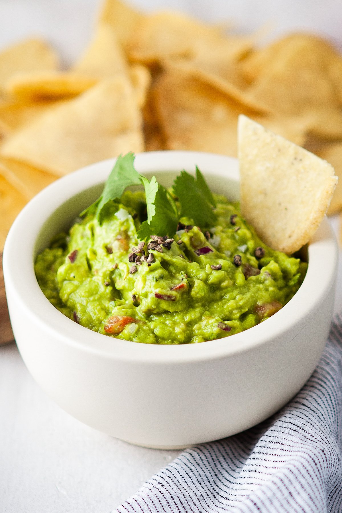 A small white dish of guacamole, garnished with cilantro and a fresh tortilla chip.