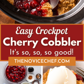 Cherry cobbler in a crockpot and ingredients for cherry cobbler and an up close image of cherry cobbler in a bowl.