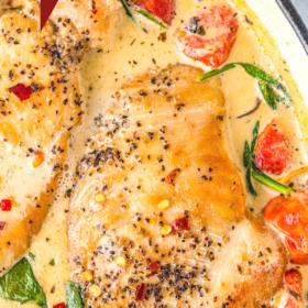 Chicken Florentine in a skillet with tomatoes and spinach.