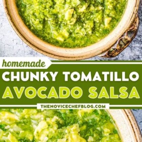 Avocado and tomatillo salsa in a brown bowl with a spoon.