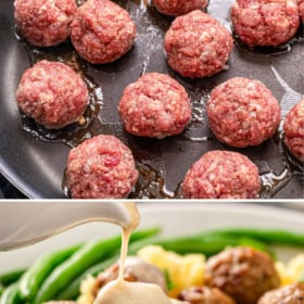 Raw meatballs in a skillet being cooked and meatballs on a bed of mashed potatoes.